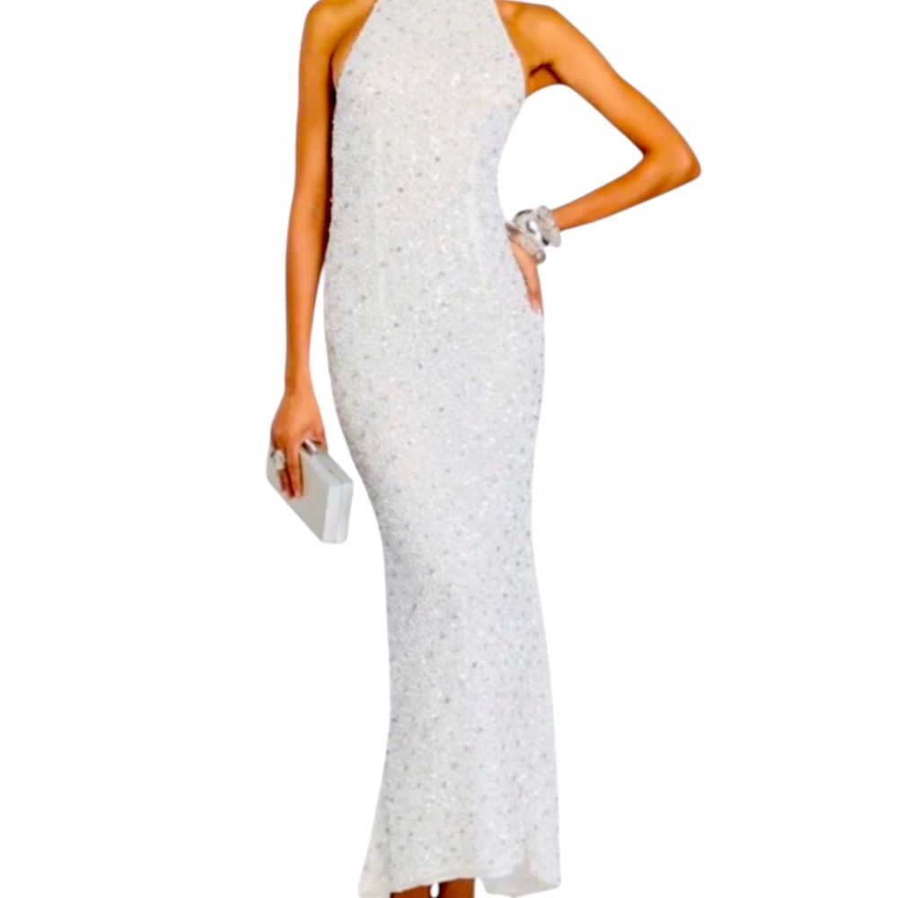 Retrofete White Sequined Maxi Dress Olivia Halter Open Back Gown Size XS